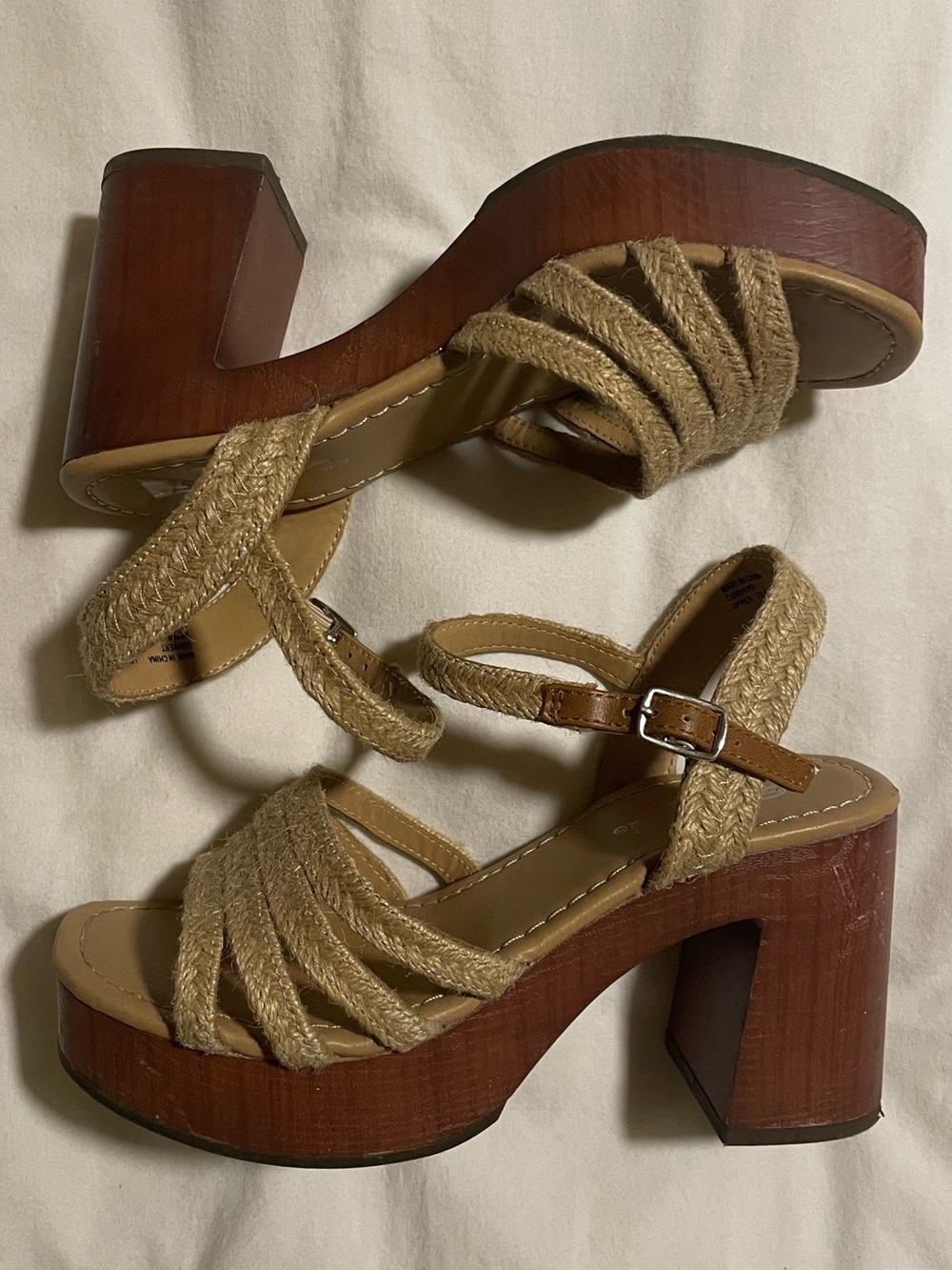Soda Tan Braided Platform Sandals with Wood-Look Block Heel
